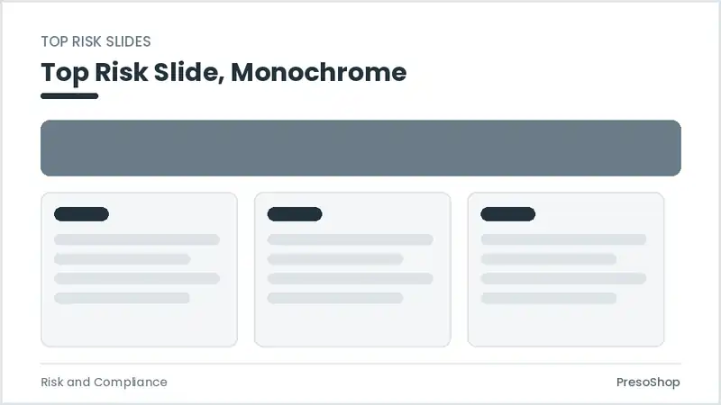 Editable PowerPoint top risk slide template in a monochrome treatment, built from recolourable native shapes for risk and compliance decks