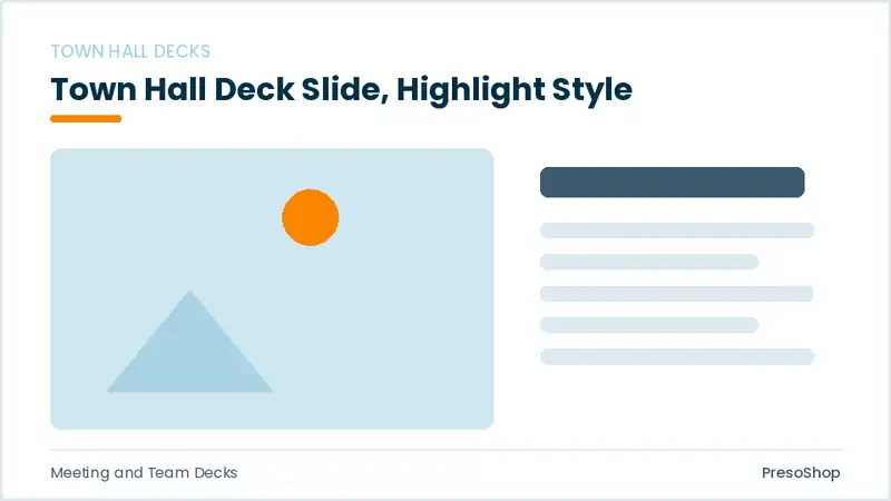 Editable PowerPoint town hall deck slide template with an accented takeaway, built from recolourable native shapes for meeting and team decks decks