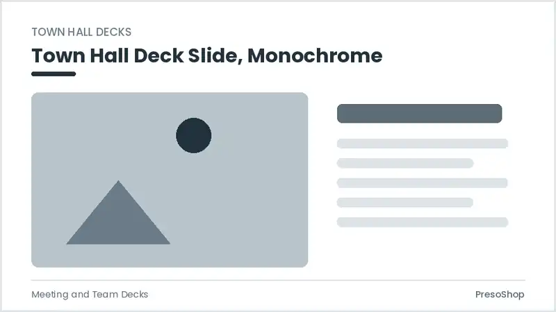 Editable PowerPoint town hall deck slide template in a monochrome treatment, built from recolourable native shapes for meeting and team decks decks