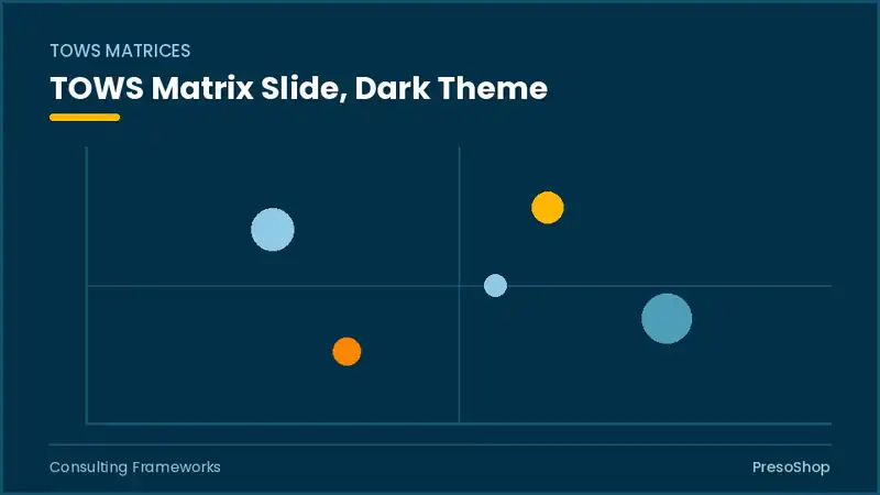 Editable PowerPoint tows matrix slide template in a dark theme, built from recolourable native shapes for consulting frameworks decks