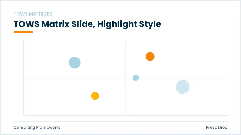 Editable PowerPoint tows matrix slide template with an accented takeaway, built from recolourable native shapes for consulting frameworks decks