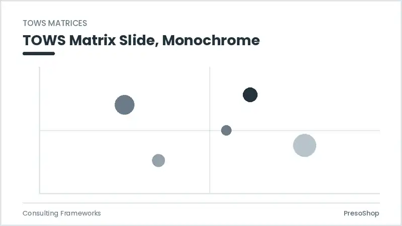 Editable PowerPoint tows matrix slide template in a monochrome treatment, built from recolourable native shapes for consulting frameworks decks