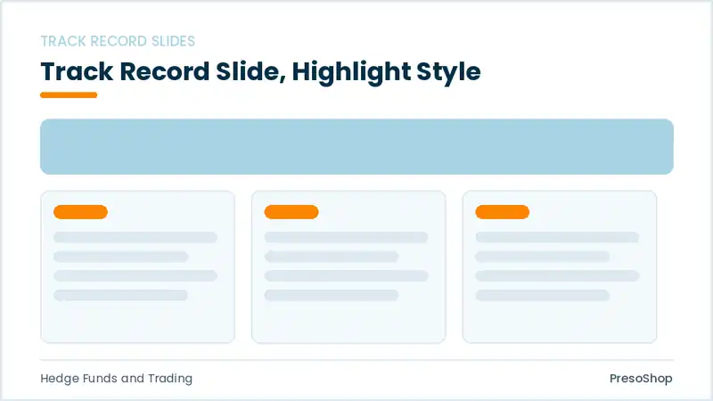 Editable PowerPoint track record slide template with an accented takeaway, built from recolourable native shapes for hedge funds and trading decks