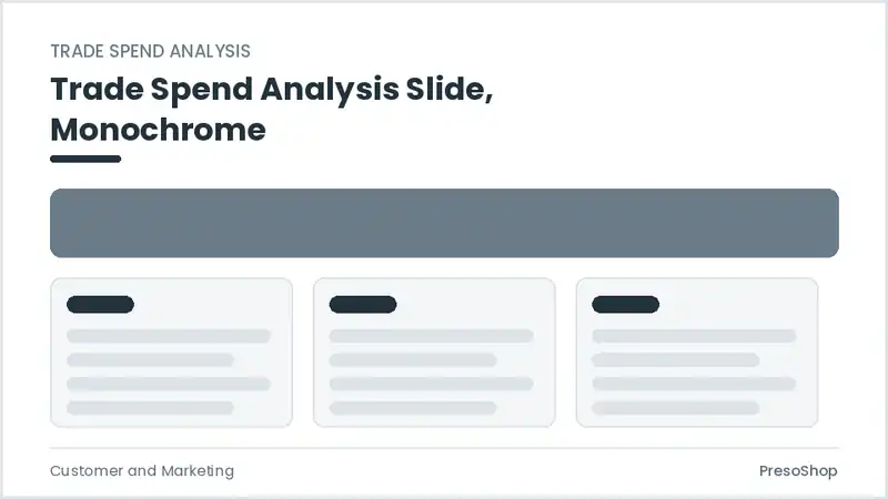 Editable PowerPoint trade spend analysis slide template in a monochrome treatment, built from recolourable native shapes for customer and marketing decks