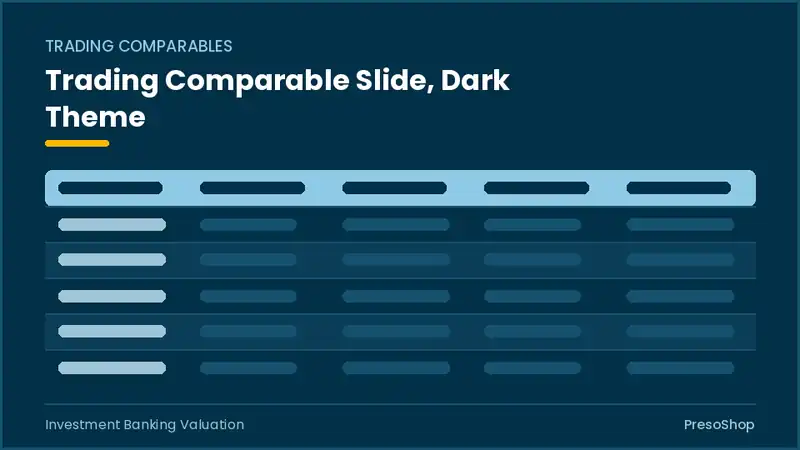 Editable PowerPoint trading comparable slide template in a dark theme, built from recolourable native shapes for investment banking valuation decks