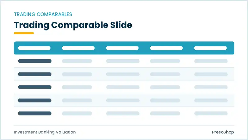 Editable PowerPoint trading comparable slide template, built from recolourable native shapes for investment banking valuation decks