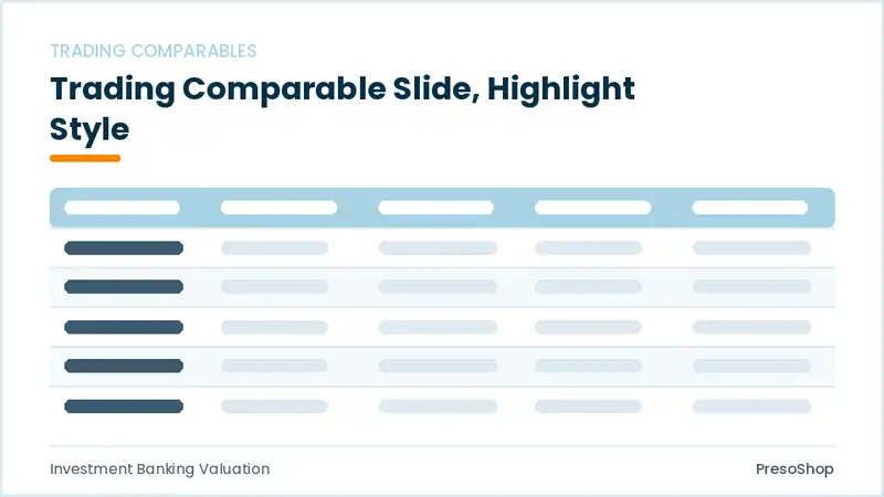 Editable PowerPoint trading comparable slide template with an accented takeaway, built from recolourable native shapes for investment banking valuation decks