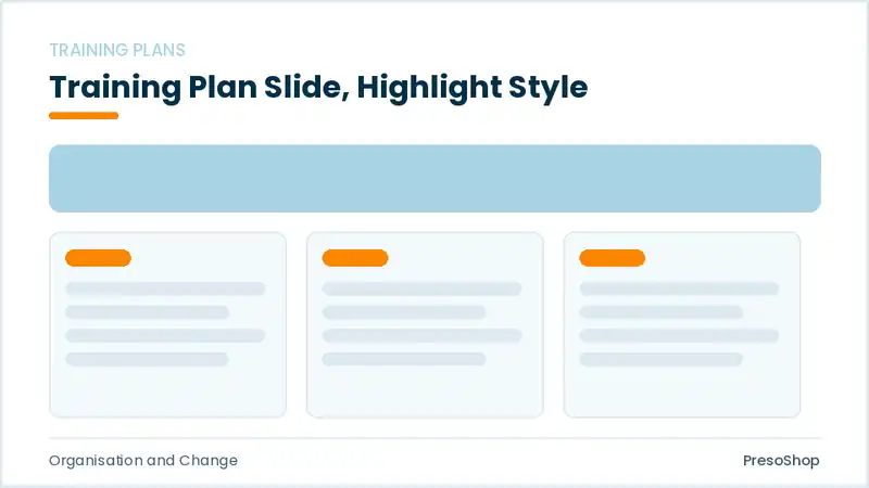 Editable PowerPoint training plan slide template with an accented takeaway, built from recolourable native shapes for organisation and change decks