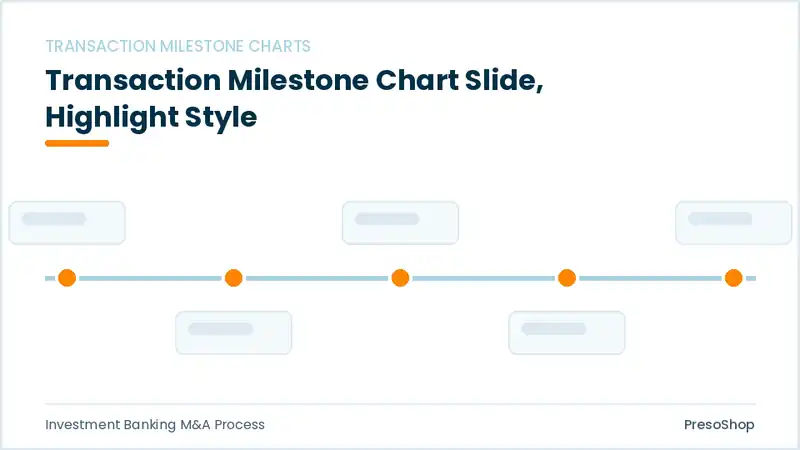 Editable PowerPoint transaction milestone chart slide template with an accented takeaway, built from recolourable native shapes for investment banking m&a process decks