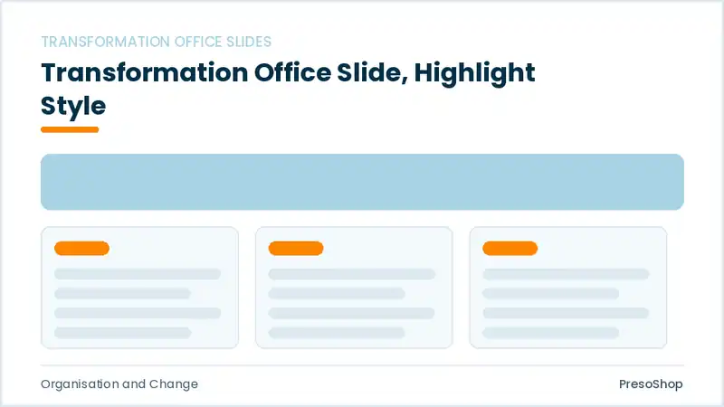 Editable PowerPoint transformation office slide template with an accented takeaway, built from recolourable native shapes for organisation and change decks