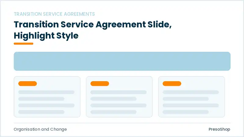 Editable PowerPoint transition service agreement slide template with an accented takeaway, built from recolourable native shapes for organisation and change decks