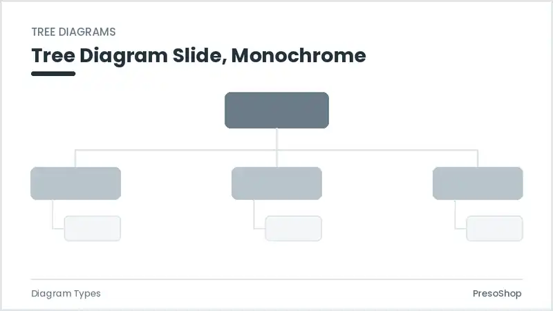 Editable PowerPoint tree diagram slide template in a monochrome treatment, built from recolourable native shapes for diagram types decks