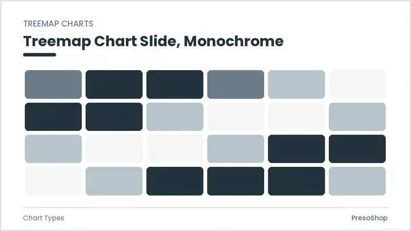Editable PowerPoint treemap chart slide template in a monochrome treatment, built from recolourable native shapes for chart types decks