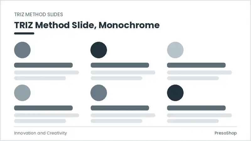 Editable PowerPoint triz method slide template in a monochrome treatment, built from recolourable native shapes for innovation and creativity decks