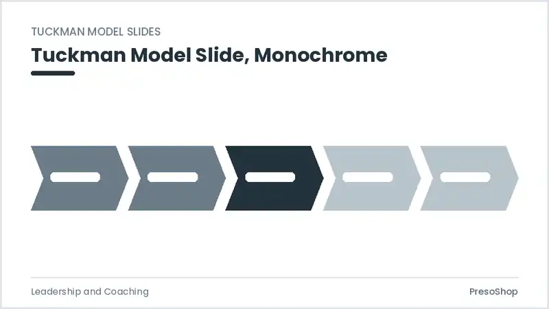 Editable PowerPoint tuckman model slide template in a monochrome treatment, built from recolourable native shapes for leadership and coaching decks