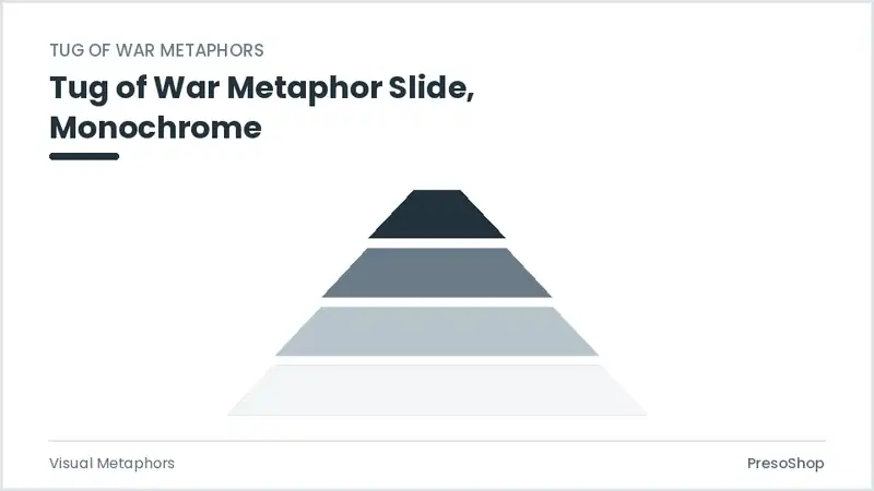 Editable PowerPoint tug of war metaphor slide template in a monochrome treatment, built from recolourable native shapes for visual metaphors decks
