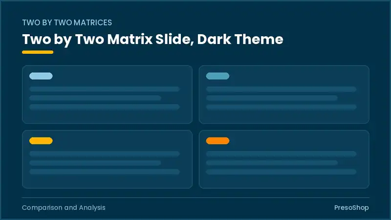 Editable PowerPoint two by two matrix slide template in a dark theme, built from recolourable native shapes for comparison and analysis decks