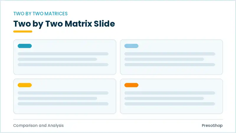 Editable PowerPoint two by two matrix slide template, built from recolourable native shapes for comparison and analysis decks