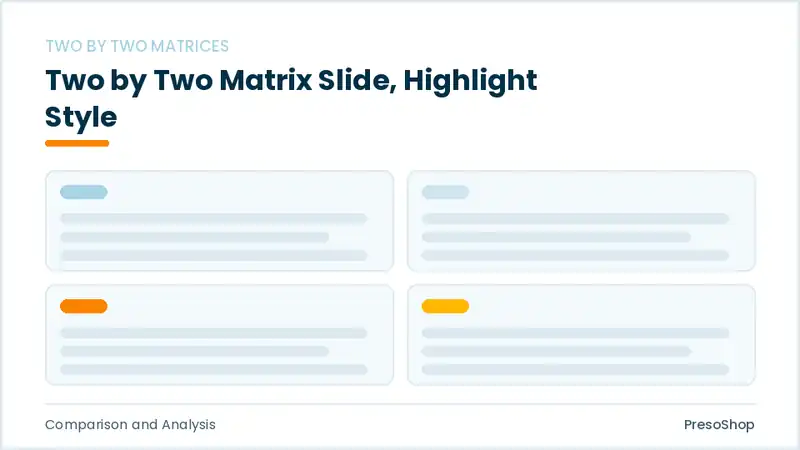 Editable PowerPoint two by two matrix slide template with an accented takeaway, built from recolourable native shapes for comparison and analysis decks