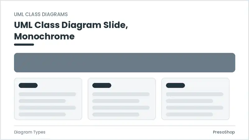 Editable PowerPoint uml class diagram slide template in a monochrome treatment, built from recolourable native shapes for diagram types decks
