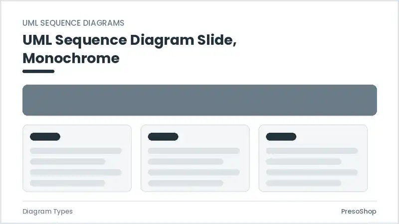 Editable PowerPoint uml sequence diagram slide template in a monochrome treatment, built from recolourable native shapes for diagram types decks