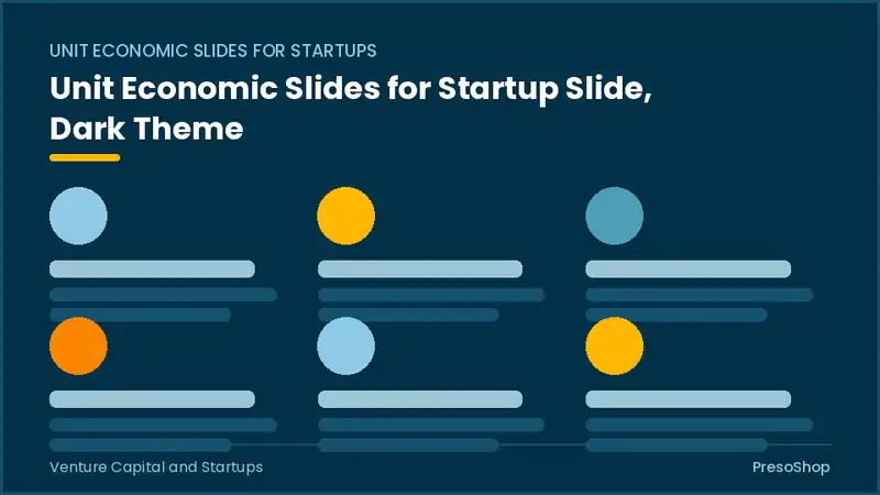 Editable PowerPoint unit economic slides for startup slide template in a dark theme, built from recolourable native shapes for venture capital and startups decks