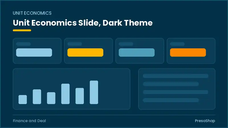 Editable PowerPoint unit economics slide template in a dark theme, built from recolourable native shapes for finance and deal decks