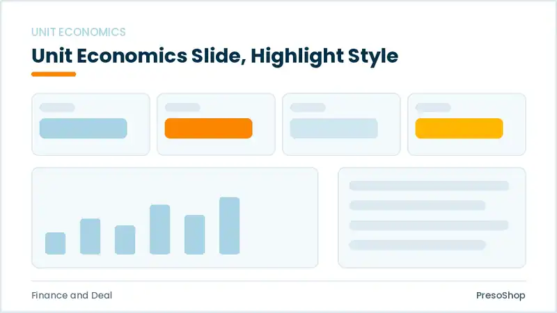 Editable PowerPoint unit economics slide template with an accented takeaway, built from recolourable native shapes for finance and deal decks