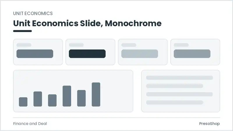Editable PowerPoint unit economics slide template in a monochrome treatment, built from recolourable native shapes for finance and deal decks