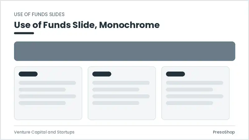 Editable PowerPoint use of funds slide template in a monochrome treatment, built from recolourable native shapes for venture capital and startups decks