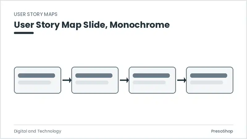 Editable PowerPoint user story map slide template in a monochrome treatment, built from recolourable native shapes for digital and technology decks