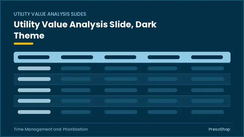 Editable PowerPoint utility value analysis slide template in a dark theme, built from recolourable native shapes for time management and prioritisation decks
