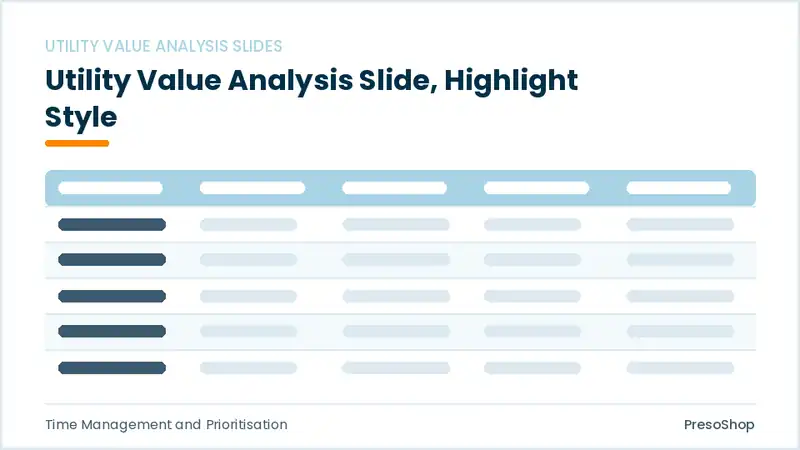 Editable PowerPoint utility value analysis slide template with an accented takeaway, built from recolourable native shapes for time management and prioritisation decks