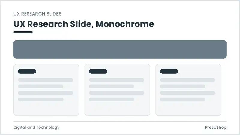 Editable PowerPoint ux research slide template in a monochrome treatment, built from recolourable native shapes for digital and technology decks