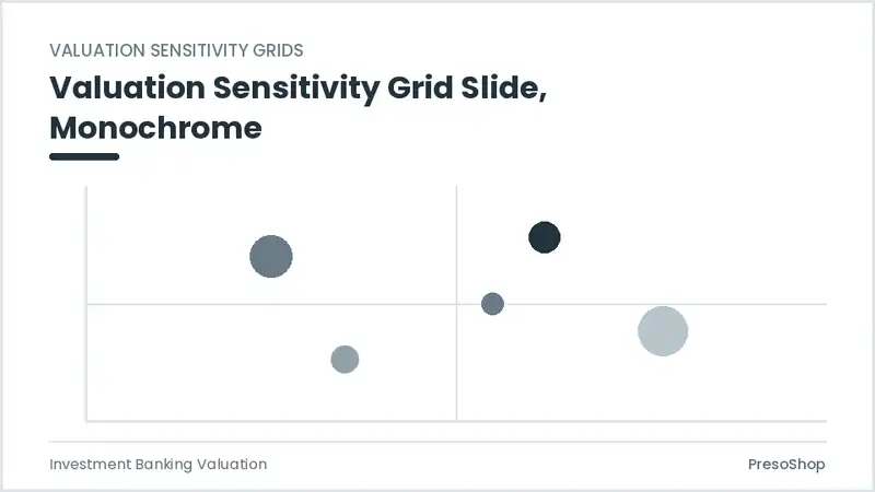 Editable PowerPoint valuation sensitivity grid slide template in a monochrome treatment, built from recolourable native shapes for investment banking valuation decks