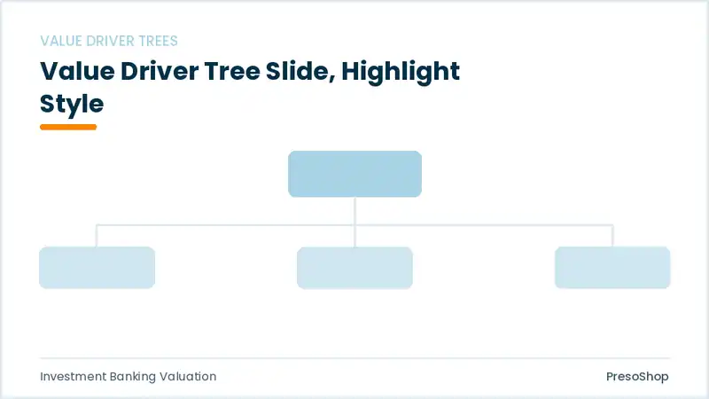 Editable PowerPoint value driver tree slide template with an accented takeaway, built from recolourable native shapes for investment banking valuation decks