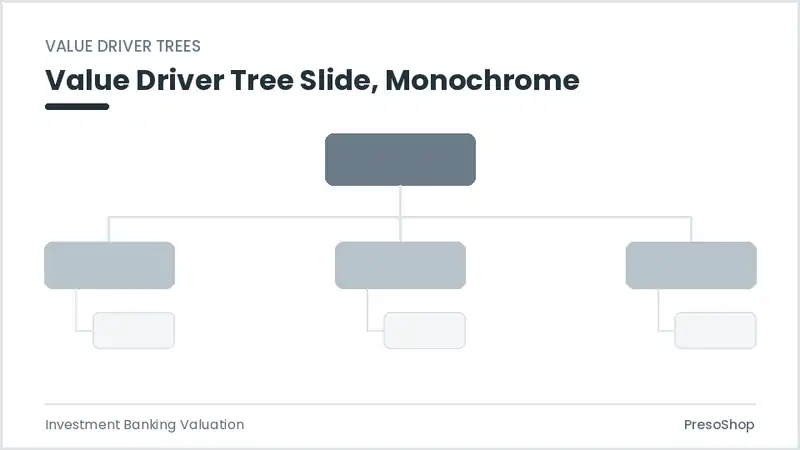 Editable PowerPoint value driver tree slide template in a monochrome treatment, built from recolourable native shapes for investment banking valuation decks