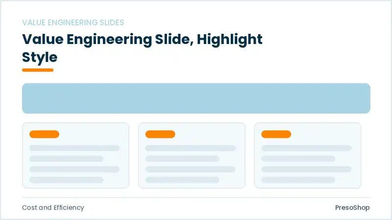 Editable PowerPoint value engineering slide template with an accented takeaway, built from recolourable native shapes for cost and efficiency decks