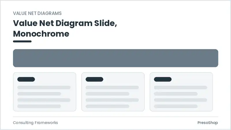 Editable PowerPoint value net diagram slide template in a monochrome treatment, built from recolourable native shapes for consulting frameworks decks