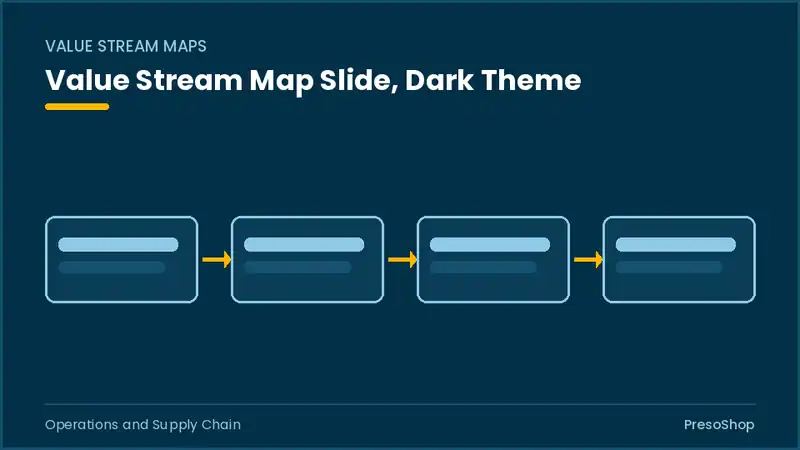 Editable PowerPoint value stream map slide template in a dark theme, built from recolourable native shapes for operations and supply chain decks