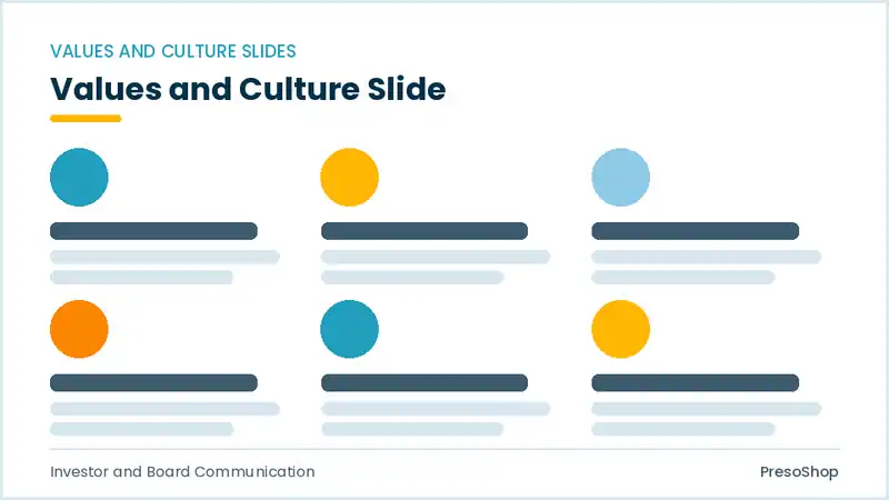 Editable PowerPoint values and culture slide template, built from recolourable native shapes for investor and board communication decks