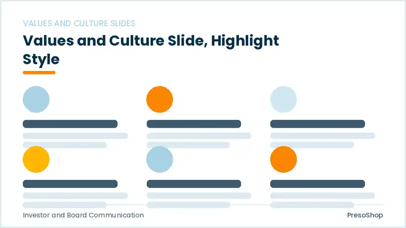 Editable PowerPoint values and culture slide template with an accented takeaway, built from recolourable native shapes for investor and board communication decks