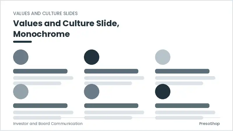 Editable PowerPoint values and culture slide template in a monochrome treatment, built from recolourable native shapes for investor and board communication decks