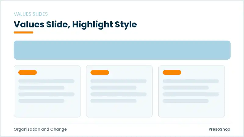 Editable PowerPoint values slide template with an accented takeaway, built from recolourable native shapes for organisation and change decks