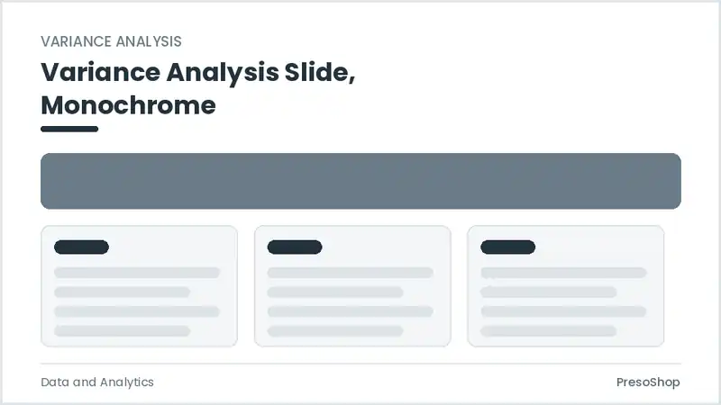 Editable PowerPoint variance analysis slide template in a monochrome treatment, built from recolourable native shapes for data and analytics decks