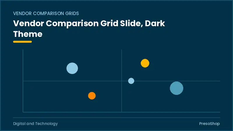 Editable PowerPoint vendor comparison grid slide template in a dark theme, built from recolourable native shapes for digital and technology decks