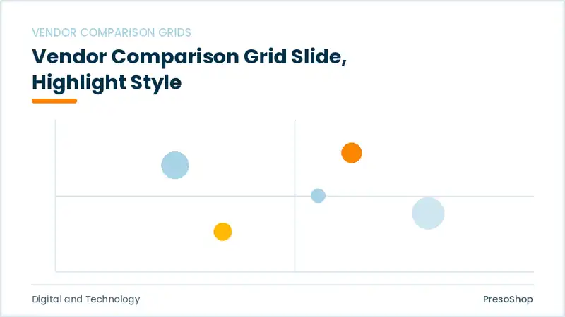 Editable PowerPoint vendor comparison grid slide template with an accented takeaway, built from recolourable native shapes for digital and technology decks