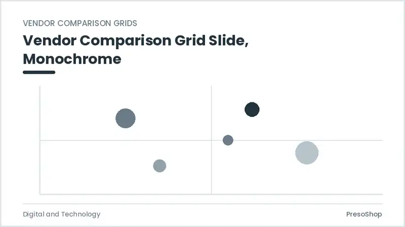 Editable PowerPoint vendor comparison grid slide template in a monochrome treatment, built from recolourable native shapes for digital and technology decks