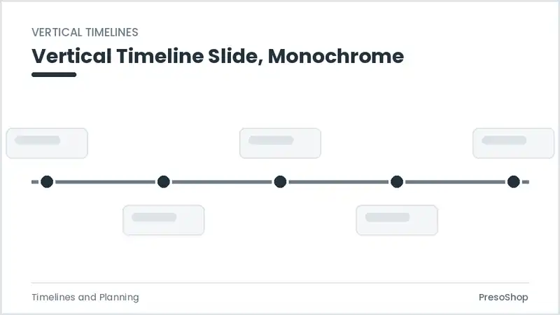 Editable PowerPoint vertical timeline slide template in a monochrome treatment, built from recolourable native shapes for timelines and planning decks