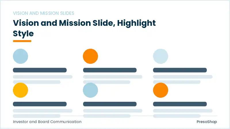 Editable PowerPoint vision and mission slide template with an accented takeaway, built from recolourable native shapes for investor and board communication decks